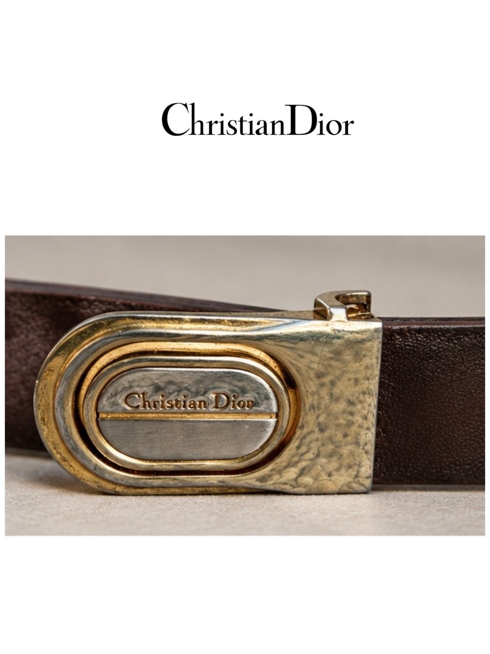 Vintage 80s Christian Dior Reversible Leather Belt Gold Tone Swivel CD Buckle